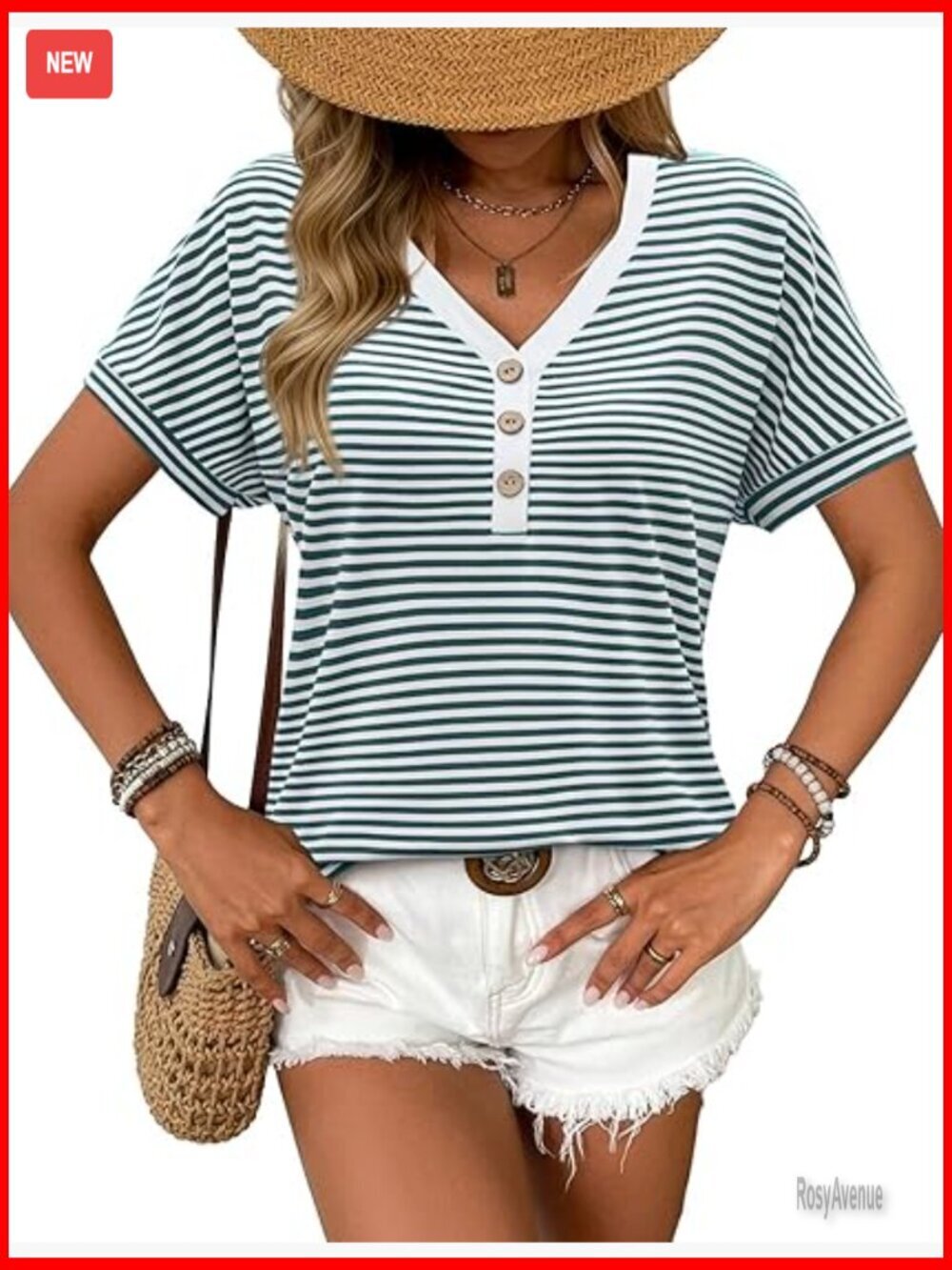Striped Henley T Shirt Short Sleeve V Neck Button Front Dressy Casual Blouse Top